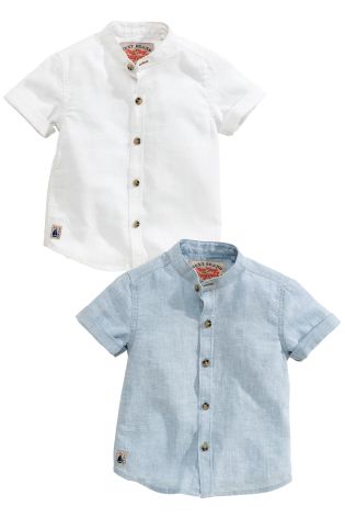 Blue/White Linen Blend Grandad Shirts Two Pack (3mths-6yrs)